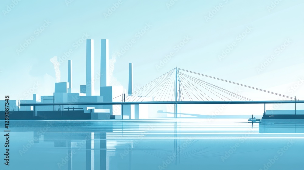 Obraz premium Cityscape Industrial harbor, bridge, calm waters, sunrise