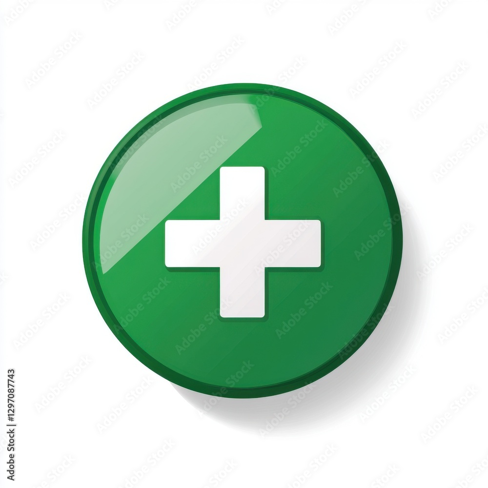 A glossy green circular icon featuring a white plus sign in the center, symbolizing health and medical assistance. A glossy green circular icon featuring a white plus sign in the center, symbolizing health and medical assistance.