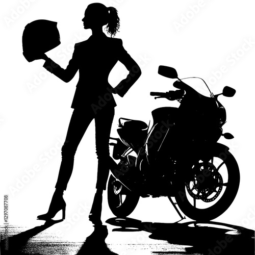 Female Biker Silhouette with Helmet and Motorcycle for Lifestyle Blogs, Sports Websites, Motorcycle Club Designs, Urban Fashion Branding, and Female Empowerment Content