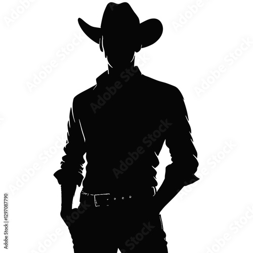 Cowboy silhouette with hat - western themed black and white vector for country music events, rodeo promotions, western wear marketing, and Americana design projects