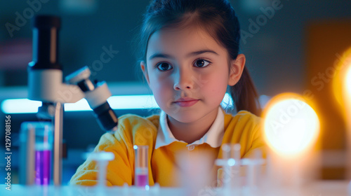 Smart Schoolgirl Exploring Science with Microscope in Classroom photo