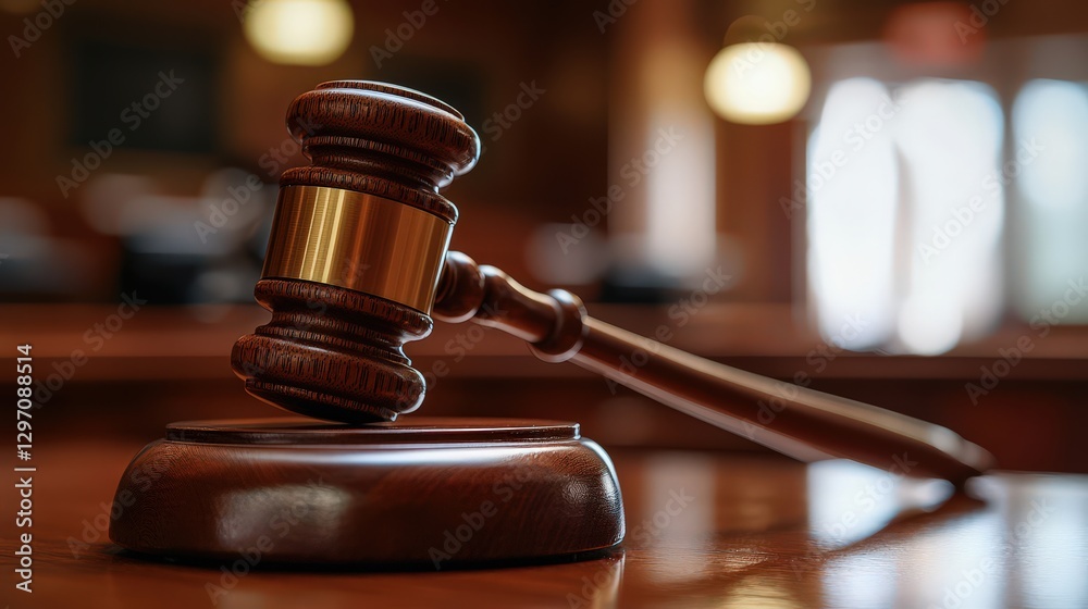 Wooden gavel resting on a sound block in a courtroom, representing justice and legal proceedings. Suitable for law, politics, and governance visuals. Wooden gavel resting on a sound block in a courtroom, representing justice and legal proceedings. Suitable for law, politics, and governance visuals.