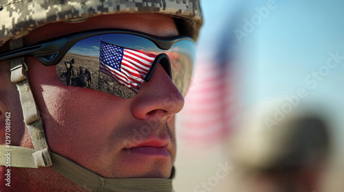 Soldier Wearing Sunglasses with an American Flag Reflection Representing Patriotism and Service