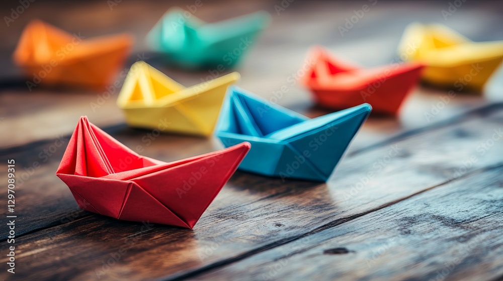A collection of neatly folded paper boats displayed on a wooden table A collection of neatly folded paper boats displayed on a wooden table