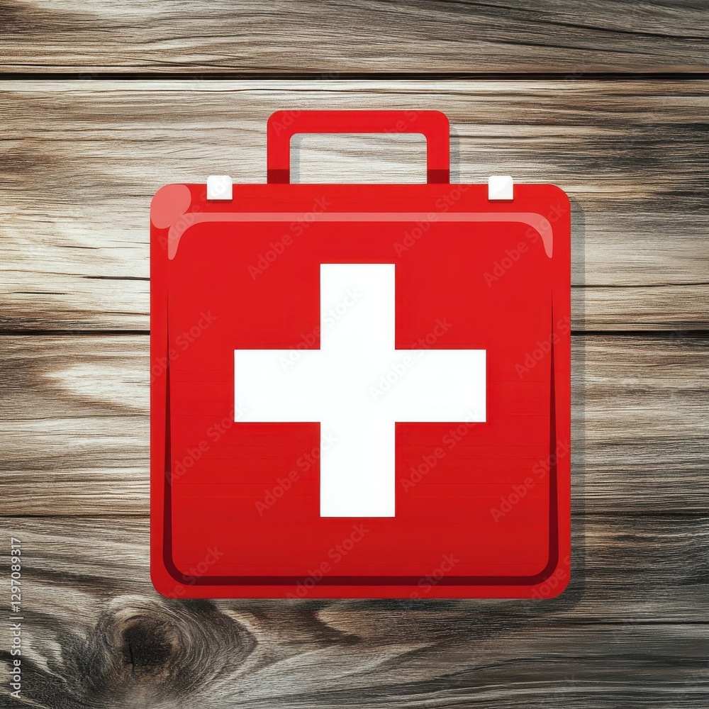 Obraz premium Red first aid kit on a wooden surface, symbolizing safety and emergency preparedness.