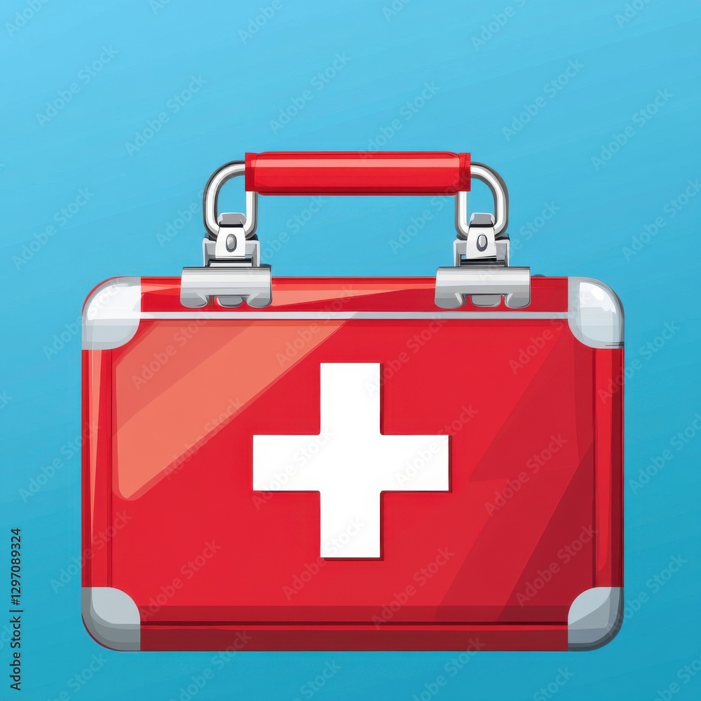 Obraz premium Bright red first aid kit with a white cross symbol, set against a calming blue background.
