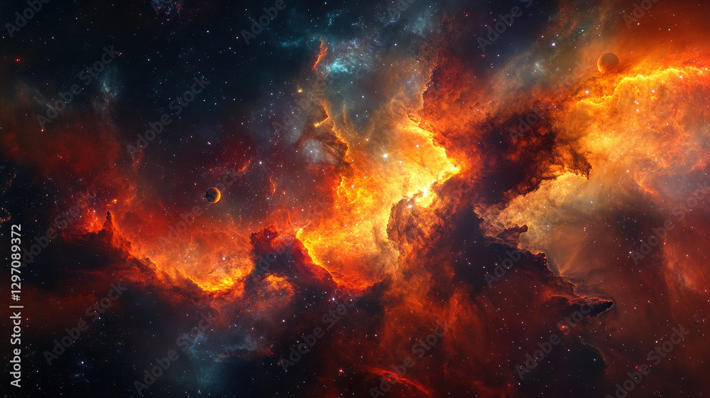 Fiery Cosmic Nebula in Deep Space with a Small Planet Among the Explosive Clouds Fiery Cosmic Nebula in Deep Space with a Small Planet Among the Explosive Clouds