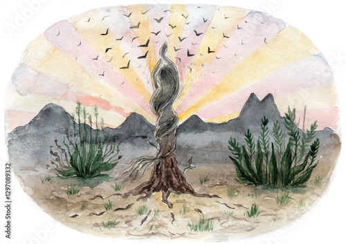 Watercolor vector illustration, girl-tree, grounded with roots, raised hands, praying. Birds are flying as a tree crown. Sunrise, dawn, mountains. Woman-deity, Mother Nature, mythologic spirit, dryad.