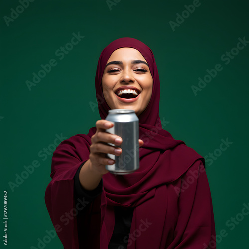 Happy arab hijab woman carrying silver can.