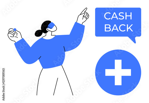 Woman in blue shirt pointing towards Cash Back speech bubble, holding coin. Plus sign icon beside her. Ideal for financial rewards, investment returns, savings promotion, customer retention, economic