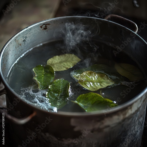 Steaming pot of water with fresh bay leaves, Infusing flavor, nutrition. Perfect for culinary arts, holistic wellness, aromatherapy, home remedies. photo