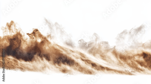A billowing mix of sandy smoke and fine dust particles forming a windblown desert storm. A realistic vector illustration featuring airborne sawdust and drifting dirt particles. PNG format