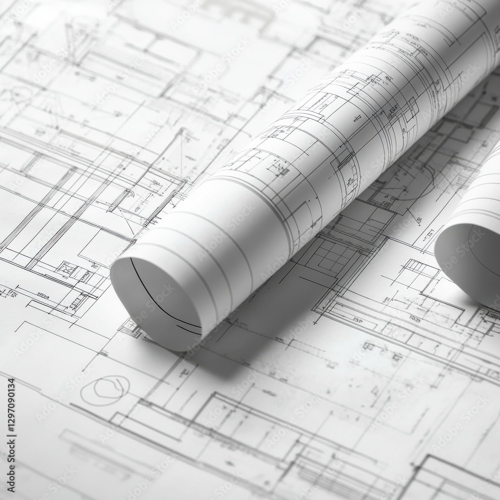 Detailed architectural blueprints rolled on a table, highlighting precision and design intricacies. Detailed architectural blueprints rolled on a table, highlighting precision and design intricacies.