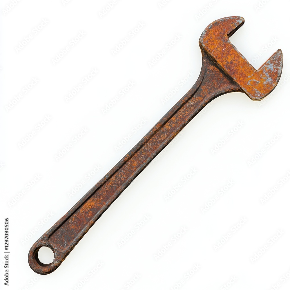 Close-up of a weathered, rusty adjustable wrench on a white background, showcasing its industrial design. Close-up of a weathered, rusty adjustable wrench on a white background, showcasing its industrial design.