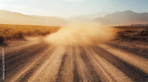 A dusty sand cloud kicked up by a speeding vehicle on a rugged road, leaving behind a scattered trail. Transparent, realistic vector stock illustration