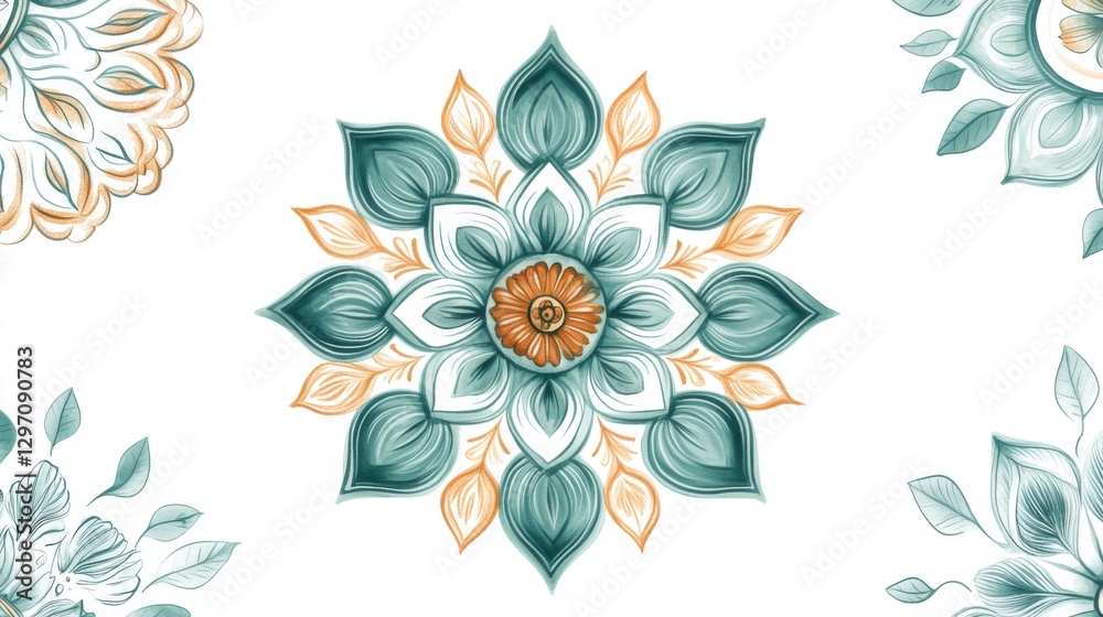 Obraz premium Floral Mandala Illustration with Teal and Orange on White Background