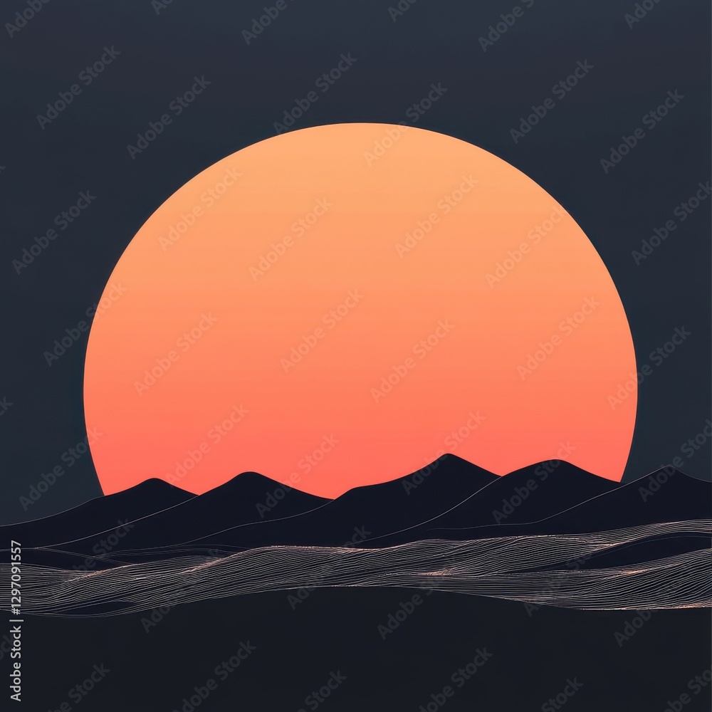 Fototapeta premium A stunning sunset over silhouette mountains, with a vibrant orange sun casting warm hues across the horizon.
