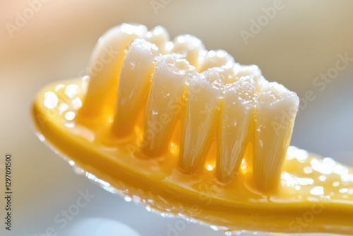 A close-up shot of a toothbrush with toothpaste applied