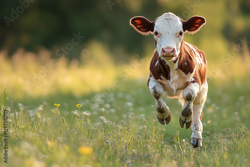 A cow leaping in a field, p...