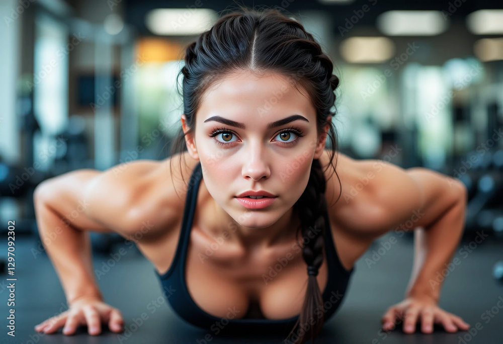 mujer morena de ojos verdes haciendo flexiones en el gimnasio de deporte, calistenia mujer morena de ojos verdes haciendo flexiones en el gimnasio de deporte, calistenia