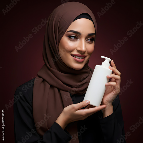Arab hijab woman with blank shampoo bottle.