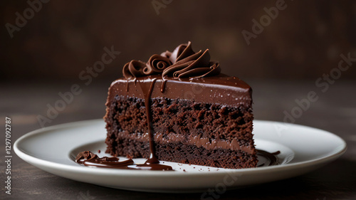 A Decadent Slice Of Chocolate Cake On Dish Background