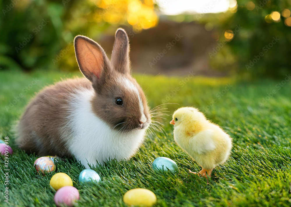Fototapeta premium Easter bunny and chick playing with eggs