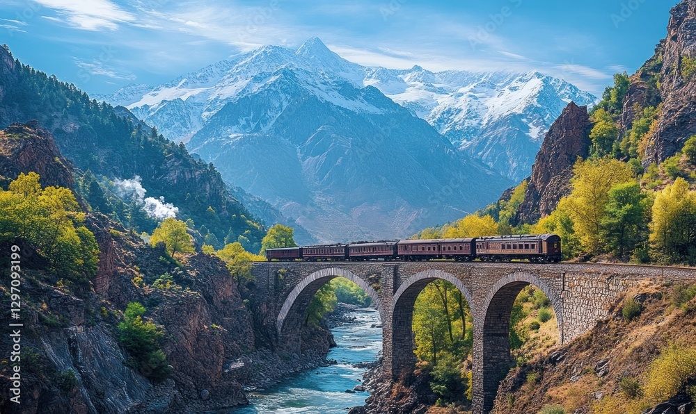 Train crossing mountain river bridge, autumn landscape, travel poster