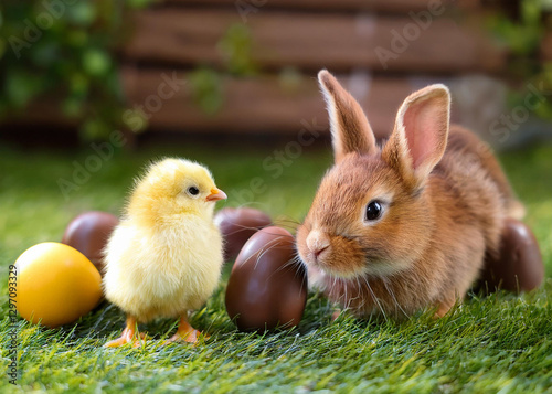 Easter bunny and chick playing with eggs