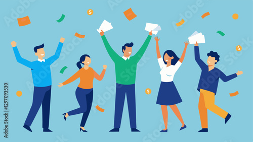 Success Celebration A group of happy employees celebrating their financial achievements tossing papers like debt relief and savings bonds in the air with joy showcasing a culture