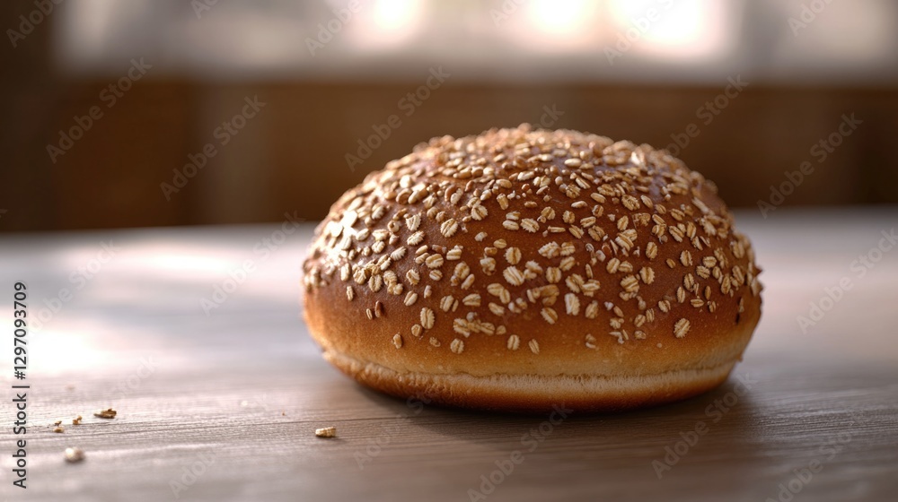 A close-up view of a sesame seed-covered bun on a table A close-up view of a sesame seed-covered bun on a table