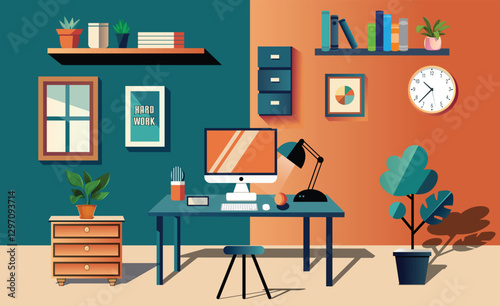 Cozy modern work from home office workspace with computer desk with elegant decorations