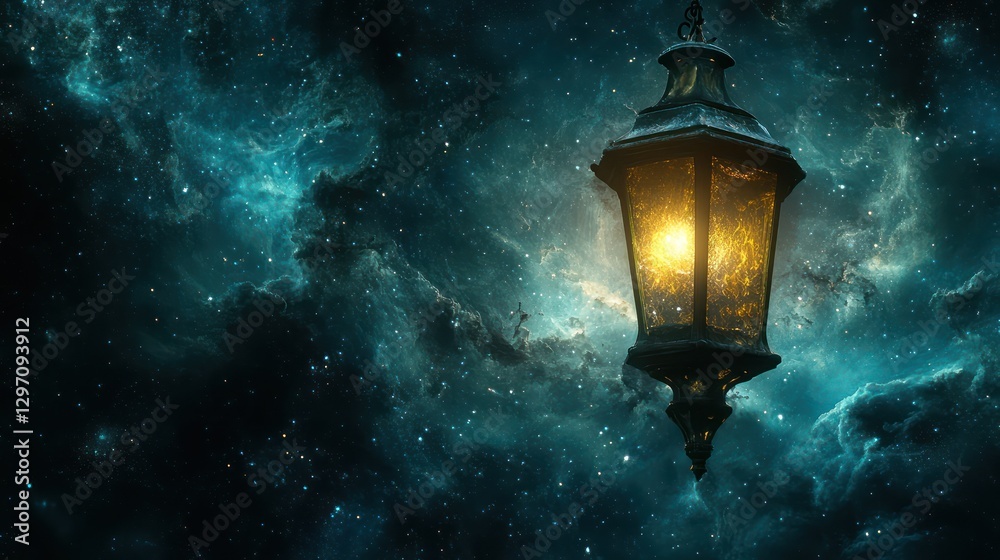 A Glowing Lantern Illuminates a Mysterious and Starry Cosmic Background A Glowing Lantern Illuminates a Mysterious and Starry Cosmic Background