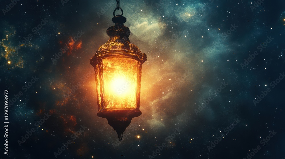 An illuminated ornate lantern hangs against a starry cosmic backdrop An illuminated ornate lantern hangs against a starry cosmic backdrop