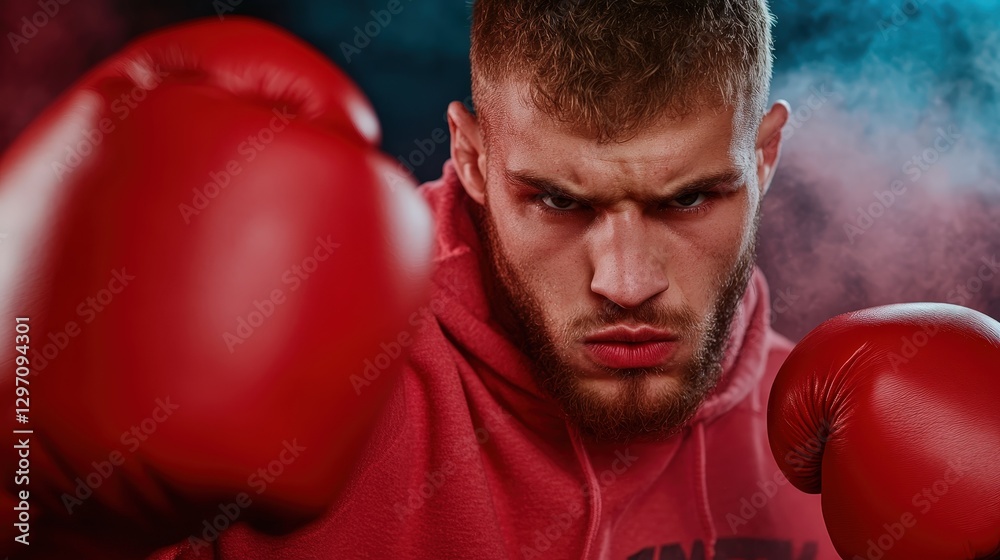 A determined boxer is captured in an intense training session, showcasing his fierce expression and readiness to fight, embodying the spirit of discipline and strength. A determined boxer is captured in an intense training session, showcasing his fierce expression and readiness to fight, embodying the spirit of discipline and strength.