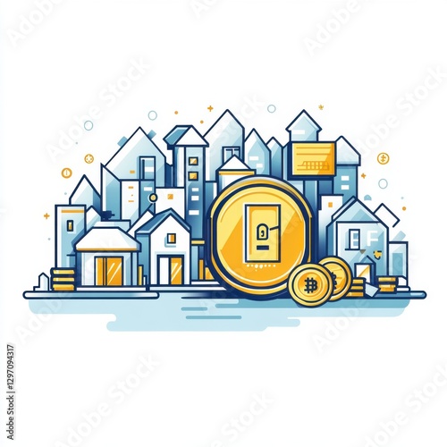 Modern illustration of city houses with a focus on cryptocurrency coins, symbolizing real estate investment.