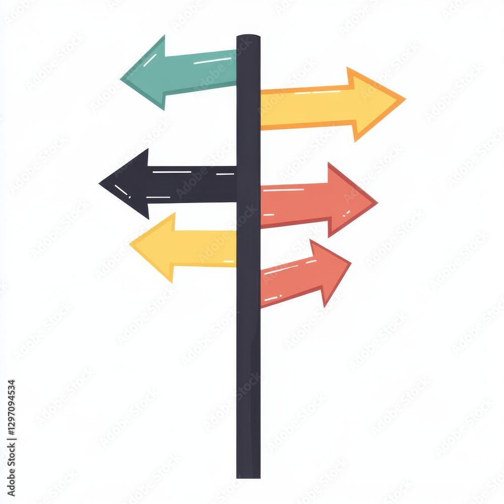A stylized signpost with colorful arrows pointing in different directions. A stylized signpost with colorful arrows pointing in different directions.
