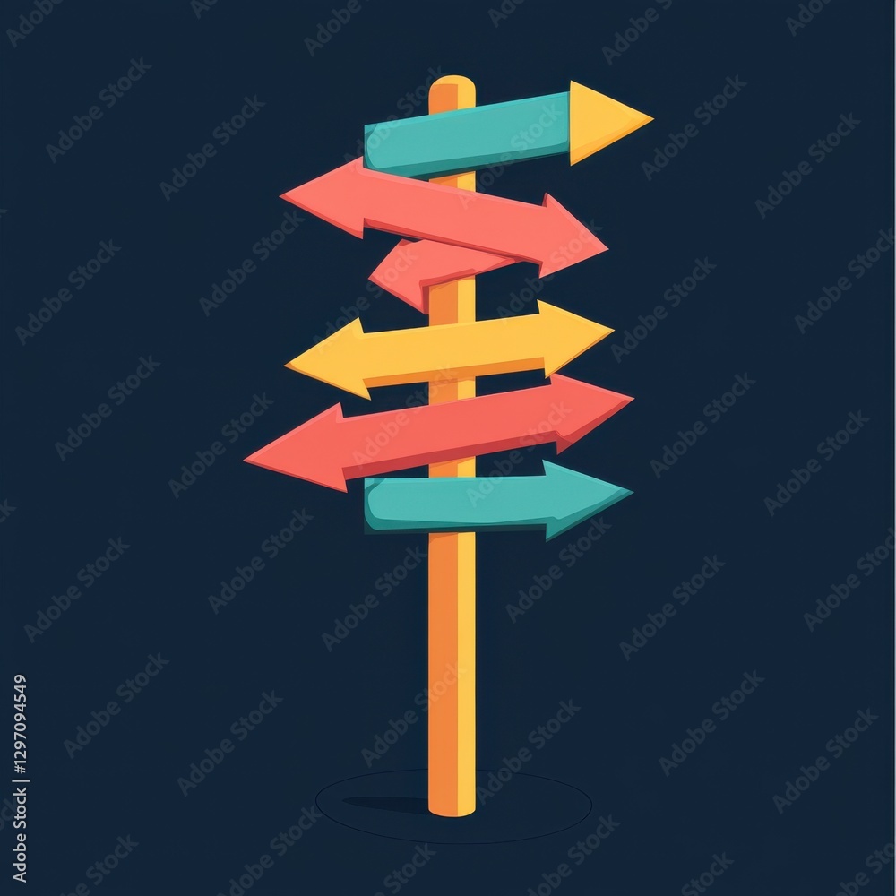 A colorful directional signpost with arrows pointing in various directions, set against a dark background. A colorful directional signpost with arrows pointing in various directions, set against a dark background.