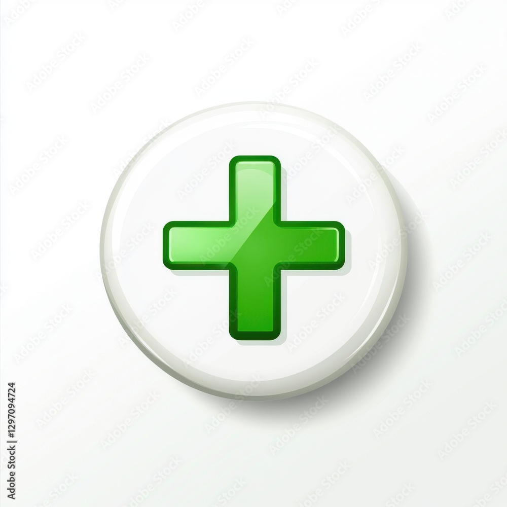 Fototapeta premium A glossy green plus symbol on a white circular background, conveying positivity and health.