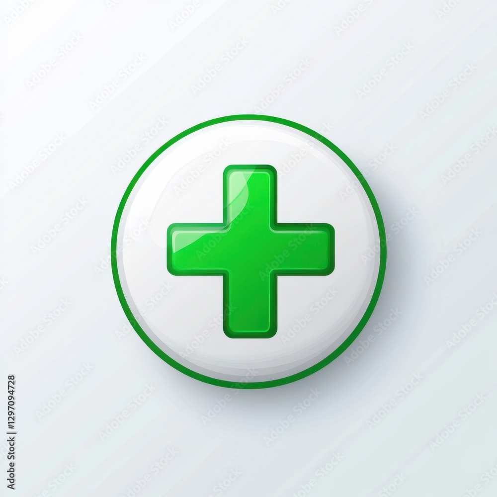 Obraz premium A green medical cross icon against a soft white background, symbolizing health and wellness.