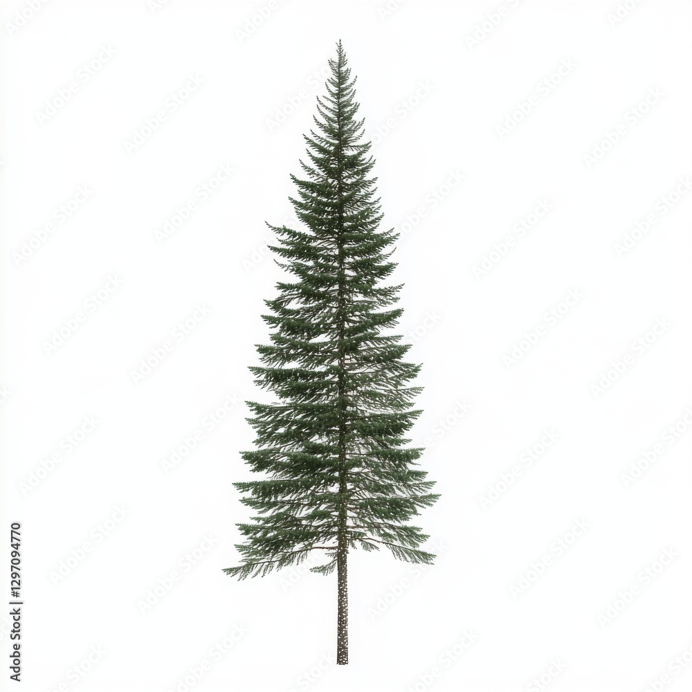 Fototapeta premium A tall evergreen tree stands prominently against a white background, symbolizing resilience and nature's beauty.