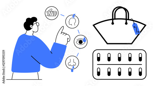 Person pointing at various senses icons touch, taste, sight, smell while assessing a product in a shopping bag. Ideal for marketing, consumer behavior, sensory analysis, product selection, retail