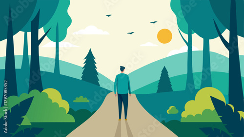 Walking in Nature An illustration of an individual taking a leisurely stroll through a forest path with trees sunlight and birds symbolizing the rejuvenating effects of nature away