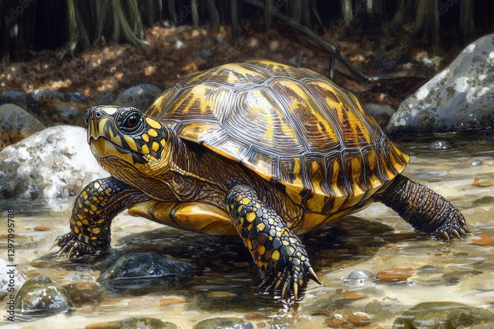 Fototapeta premium A detailed hand-drawn illustration of a box turtle in a natural setting
