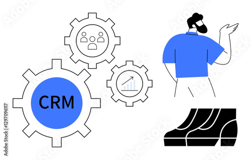 Businessman studies interconnected CRM system gears, a growth chart icon and audience figures. Ideal for customer relationship management, business strategy, data analysis, growth, audience