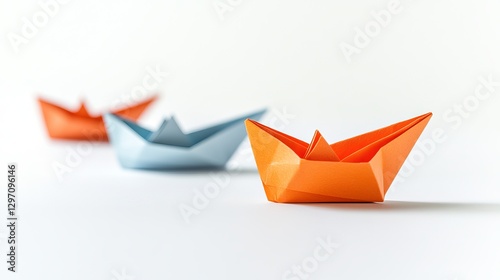 Free Download A group of paper boats following an orange leader on a white background symbolizing guidance and leadership - GFXLoad