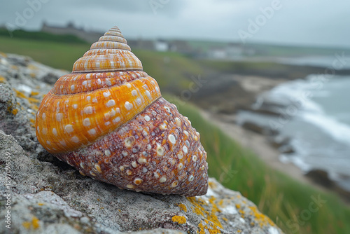 A dog whelk on a rocky shore, detailed and natural, coastal setting