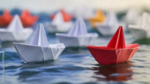 A fleet of origami ships led by a bold red boat symbolizing leadership