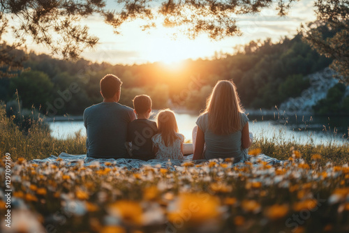 A family picnic in spring, ...