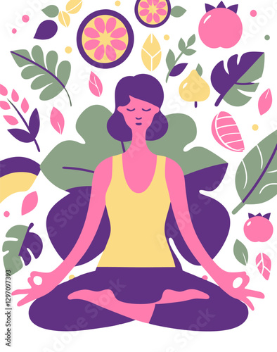 Young woman meditating in a lotus pose surrounded by leaves and plants
